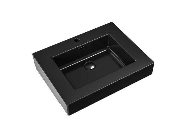 VASQUE AVEC TROP PLEIN - 1 TROU ROBINET - MARBRE COMPOSITE - 60-80X10X46CM - NOIR MAT