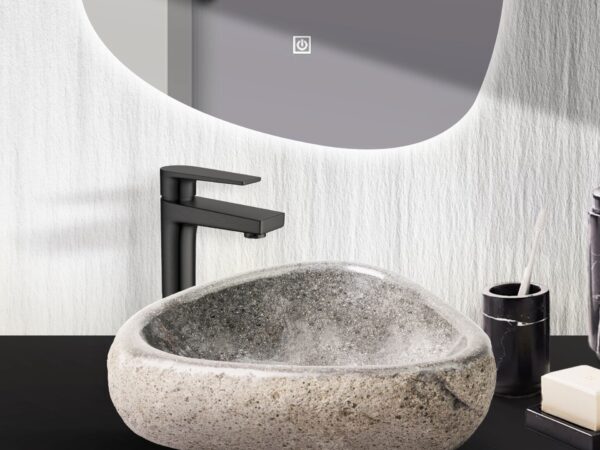 VASQUE A POSER RONDE EN PIERRE DE RIVIERE NATURELLE A BORD FIN - GRIS 30-35X15X1,5CM